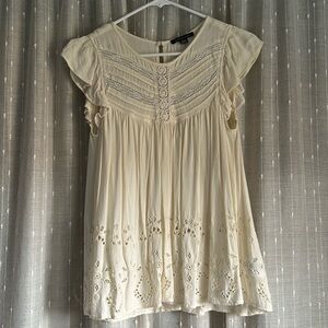 American Eagle Cream Blouse with Eyelet Pattern & Lace Chest Size Small